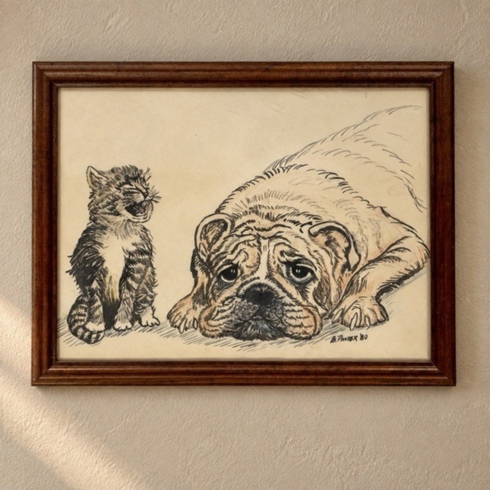 Vintage 1980 B Panzer Bulldog Tabby Cat Framed Montana Sketch Art 17.5"